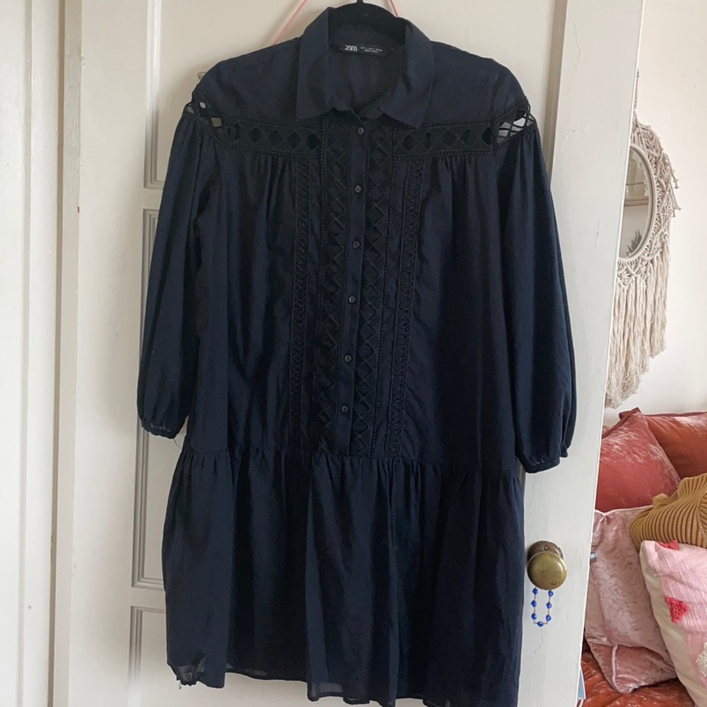 Black collared dress drop waist & eyelet detail
